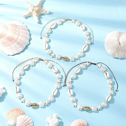3Pcs 3 Colors Summer Synthetic Turquoise Starfish & Natural Cowrie Shell & White Imitation Pearl Adjustable Beaded Necklaces NJEW-JN05270-1