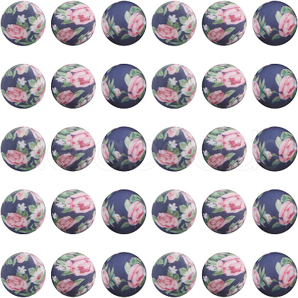 SUNNYCLUE 30pcs Round with Flower Pattern Silicone Focal Beads SIL-SC0002-03D-1