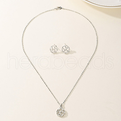 Elegant Vintage Brass Cubic Zirconia Round Stud Earrings & Necklaces Set for Women IF2292-1