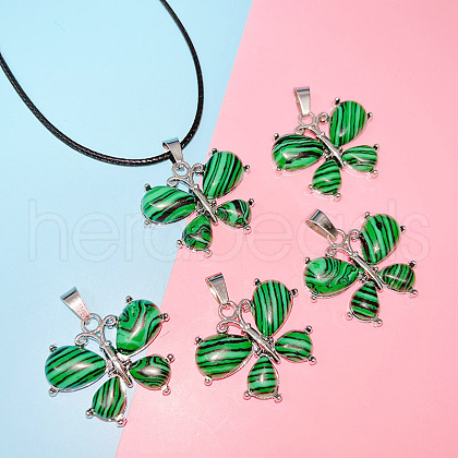 Butterfly Alloy Pave Synthetic Malachite Pendant Imitation Leather Cord Necklaces FS-WG1163A-07-1