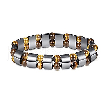 8mm Round Naturla Tiger Eye & Half Round Synthetic Non-magnetic Hematite Beaded Stretch Bracelets for Women Men UP4024-1-1