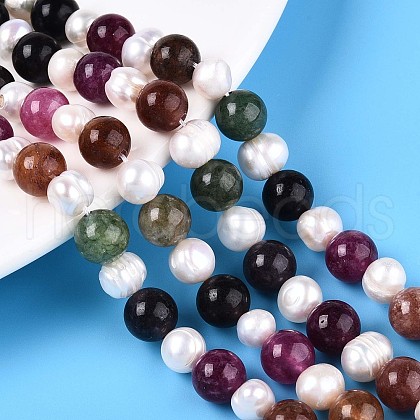 Dyed Natural White Jade Round & Natural Cultured Freshwater Pearl Grooved Potato Beads Strands PEAR-N019-04-1