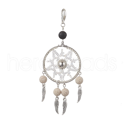 Woven Web/Net with Feather Glass Seed Beads Pendant Decorations HJEW-MZ00074-02-1