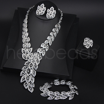 Feather Alloy Crystal Rhinestone Link Bracelets & Stud Earrings & Chain Necklaces & Rings Sets FS-WGFA57F-01-1
