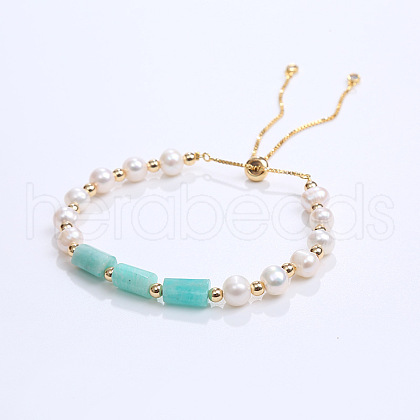 Natural Amazonite & Plastic Imitation Pearl Bead Slider Bracelets AT8786-2-1