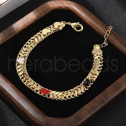 Brass Enamel Heart Links Bracelets for Women BJEW-B125-07G-1