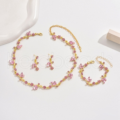Flower Alloy Rhinestone Link Chain Necklaces & Bracelets & Stud Dangle Earrings Sets FS-WG778CB-01-1