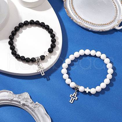 2Pcs Natural Obsidian & Mashan Jade Round Bead Stretch Bracelets BJEW-JB11599-1