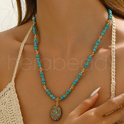 Vintage Ethnic Style Natural Turquoise Beaded Oval Oendant Necklaces for Women Party FE3293-1