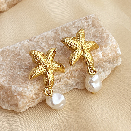 304 Stainless Steel Plastic Pearl Dangle Stud Earrings EJEW-G422-01G-01-1