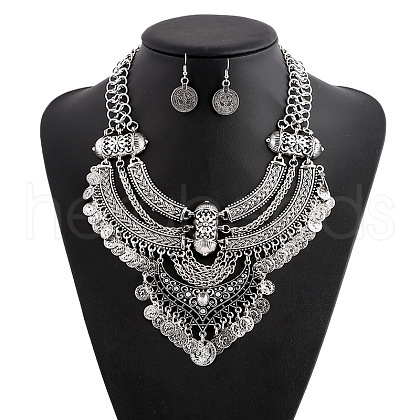 Alloy Coin Tassel Bib Necklaces & Dangle Earrings Sets FS-WG2BAC6-01-1