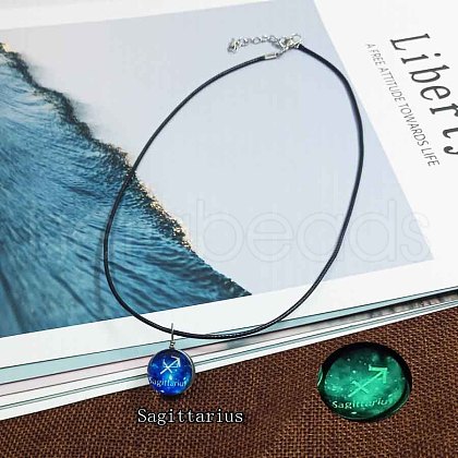 Zinc Alloy & Luminous Blue Glass Flat Round with Constellation Pendant Black Waxed Cord Necklaces WG9F396-02-1