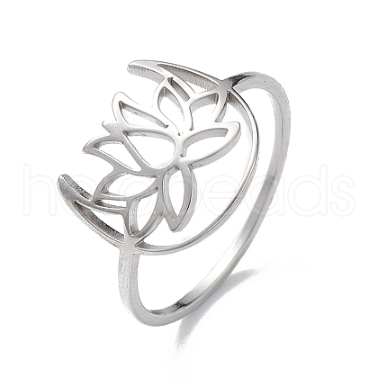 Non-Tarnish Hollow Out Lotus 304 Stainless Steel Finger Ring for Women RJEW-E073-06P-1
