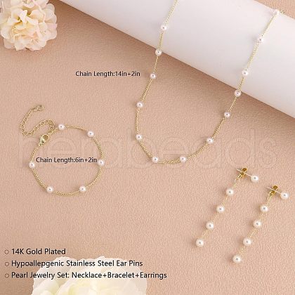 Brass with Plastic Pearl Round Beaded Necklaces & Stud Dangle Earrings & Bracelets Sets for Women FS-WG6BC39-01-1