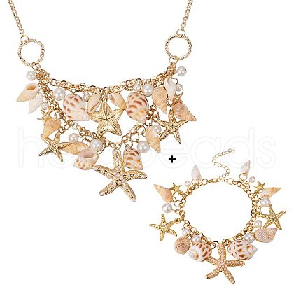 Trendy Shell Charm Bracelets & Bib Necklaces Sets SJEW-PH0001-01-1