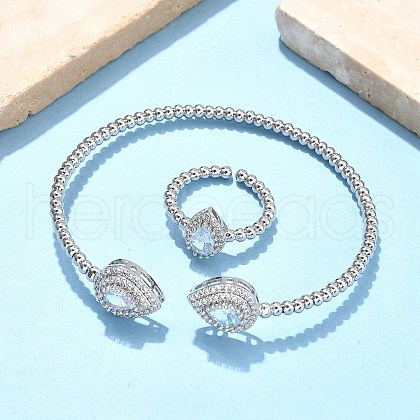 Teardrop Brass Micro Pave Cubic Zirconia Cuff Bangles & Rings Sets for Women SJEW-R002-04P-01-1