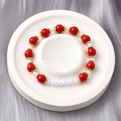 ABS Imitation Pearl Round Beads Stretch Bracelets for Women BJEW-D317-10A-G-1