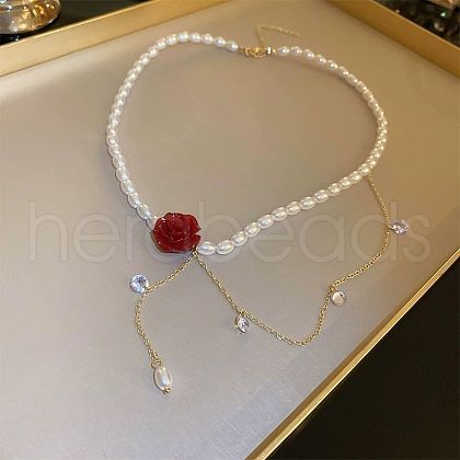 Imitation Pearl Rice Beaded Rose Flower Choker Necklaces with Alloy Crystal Rhinestone Chain FS-WGBE6F4-01-1