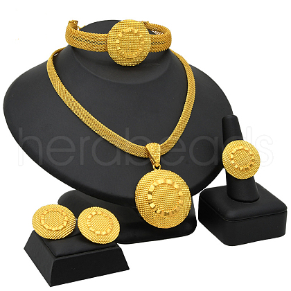 Flat Round Alloy Pendant Necklaces & Stud Earrings & Rings & Bangles Sets FS-WG5D99A-08-1