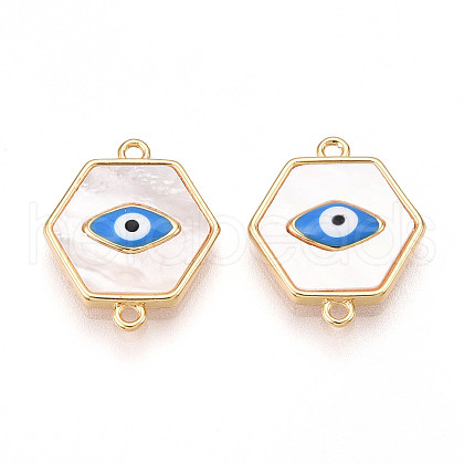 Brass Pave Natural Shell Hexagon Connector Charms KK-N258-09G-1