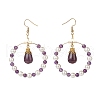 Shell Pearl & Natural Amethyst Beaded Big Ring with Teardrop Dangle Earrings EJEW-JE05044-2