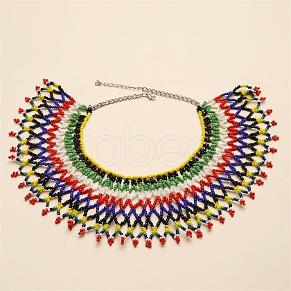 Ethnic Style Glass Seed Beaded Tassel Collar Choker Necklaces for Women FS-WGA40E8-03-1