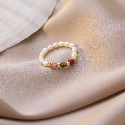 Mother's Day Jewellery Natural Freshwater Pearl with Glass Beaded Stretch Finger Rings WGD00E3-01-1