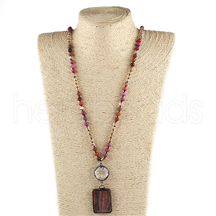 Rectangle & Flat Round Bohemian Style Natural Tourmaline with Glass Pendant Necklaces FS-WGEA5B3-06-1