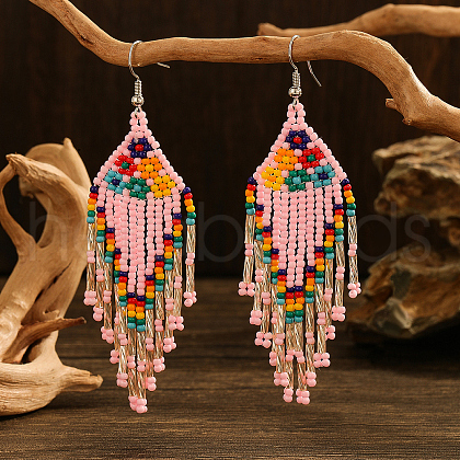 Bohemian Style Handmade Earrings with Glass Beads and Tassels QT0672-5-1