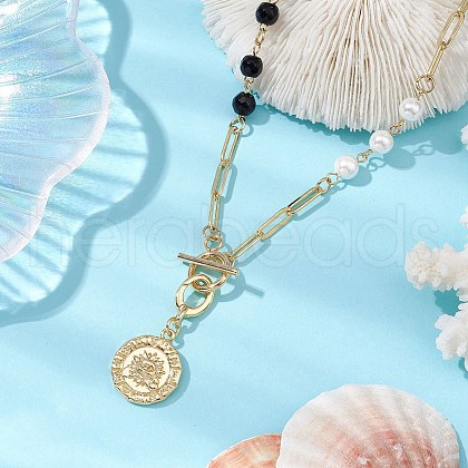 Shell Pearl Beads & Black Stone Chain Necklaces NJEW-JN05109-1