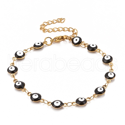 Enamel Oval with Evil Eye Link Chains Bracelet BJEW-P271-04G-03-1