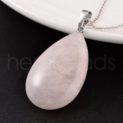 Teardrop Platinum Tone Brass Rose Quartz Pendants G-F267-07O-1