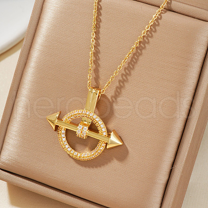 Fashionable Brass Micro Pave Clear Cubic Zirconia Circle Arrow Pendant Necklaces HS4239-1