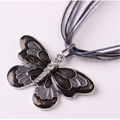 Butterfly Alloy Enamel & Rhinestone Pendant Waxed Cord Necklaces for Women FS-WGA0605-05-1