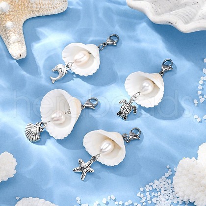 Ocean Tibetan Style Alloy Charms & Shell Pendant Decoration HJEW-TA00343-1
