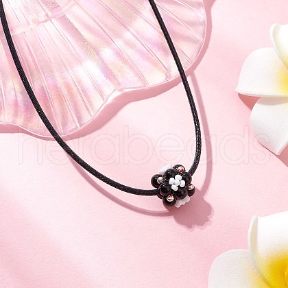 Natural Black Onyx(Dyed and Heated) & Glass Seed Beads Cluster Flower Pendant Necklaces NJEW-MZ00095-04-1