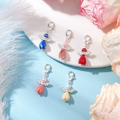 Glass Pearl & Resin Flower Rose Angel Pendant Decorations HJEW-JM03121-02-1