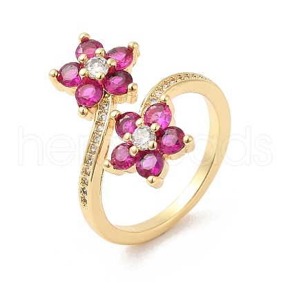 Cubic Zirconia Flower Open Cuff Rings RJEW-L106-009G-01-1