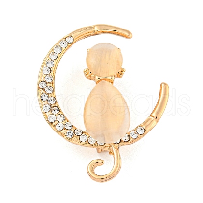 Cat Sitting in Crescent Moon Alloy Brooch JEWB-U006-10KCG-1