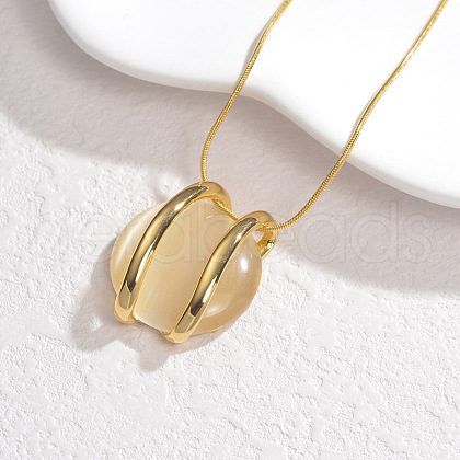 304 Stainless Steel & Cat Eye Flat Round Pendant Necklaces for Women NJEW-V008-03G-1
