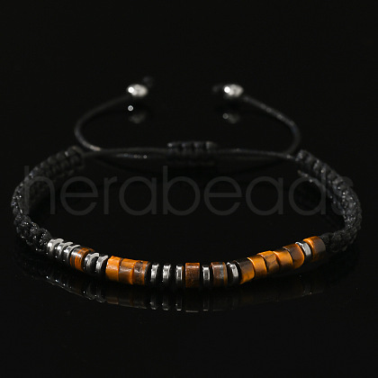 Adjustable Morse Code Natural Tiger Eye & Non-magnetic Synthetic Hematite Beads Braided Bracelets EN1983-1