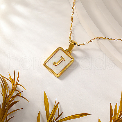 Rectangle Stainless Steel Pave Natural White Shell Initial Pendant Necklaces for Women FS-WGB5EDA-10-1