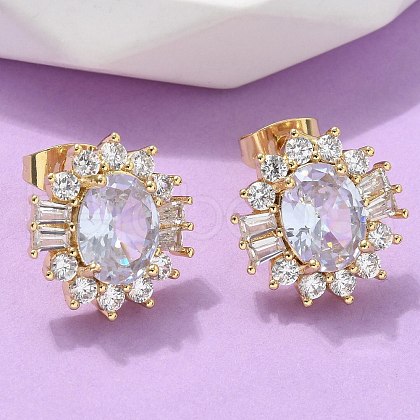 Brass Micro Pave Clear Cubic Zirconia Stud Earrings EJEW-C139-05G-1