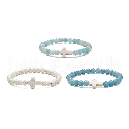 3Pcs 3 Style Natural Blue Quartz & Grade A Amazonite & Turquoise Cross Beaded Stretch Bracelets Set BJEW-JB09408-1