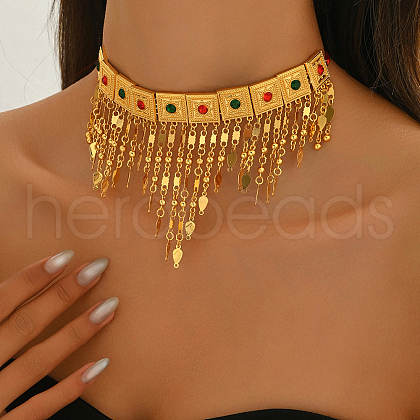Vintage Brass Pave Red and Green Cubic Zirconia Tassel Pendant Statament Bib Necklaces for Women Wedding Party MK3837-1