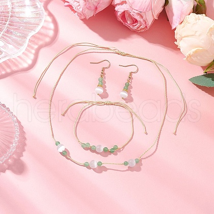 Round Natural Malaysia Jade & Cat Eye Beaded Necklace & Bracelet & Dangle Earring Sets SJEW-JS01334-1