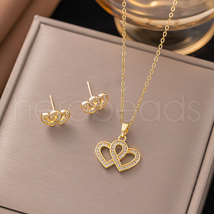 Brass Micro Pave Clear Cubic Zirconia Stud Earrings & Pendant Necklaces Sets FS-WG8C3C9-04-1