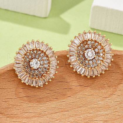Flat Round Brass Micro Pave Clear Cubic Zirconia Stud Earrings for Women EJEW-G428-13G-1