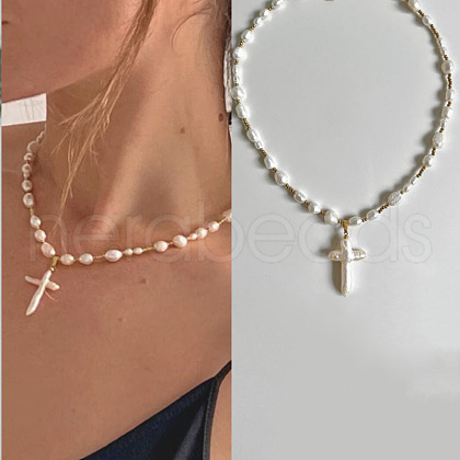 Mother's Day Jewellery Brass & Natural Baroque Pearl Keshi Pearl Pendant Necklaces for Women FS-WG8C333-01-1