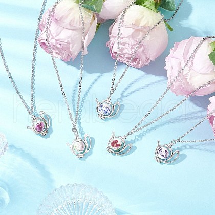 Handmade Flower Printed Porcelain Ceramic Bead Kettle Pendant Necklaces NJEW-JN05257-1